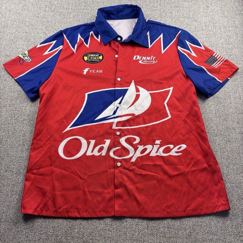 NASCAR Racing Pit Crew Shirt Men's Old Spice Red Blue Short Sleeve Button Up